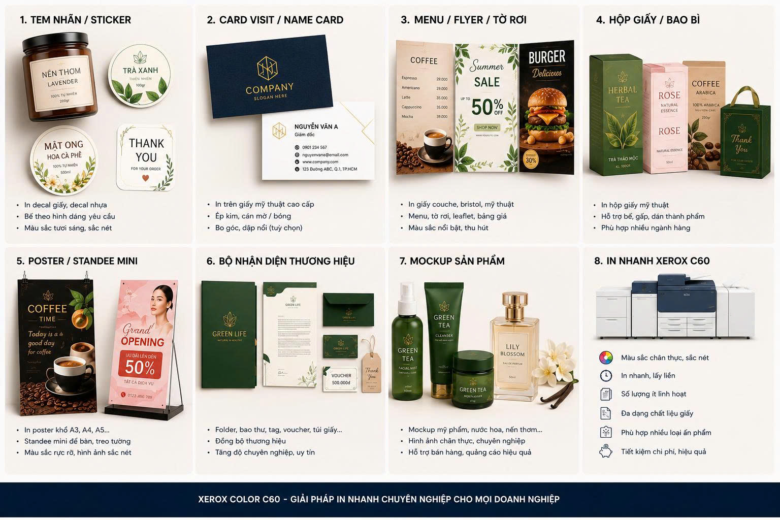 Dịch vụ in ấn đa dạng tại HUG In Tem Rẻ – Tem nhãn, Card visit, Menu, Hộp giấy, Poster, Bộ nhận diện thương hiệu